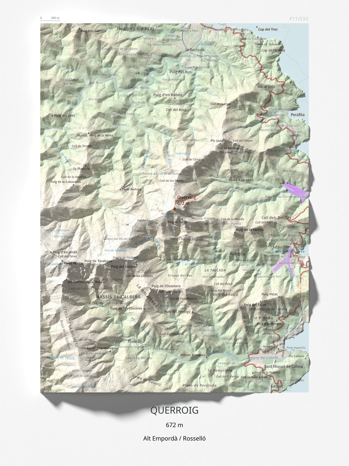 Mapa topogràfic del relleu: Querroig, 672 m. Làmina completa. 30 × 40 cm.