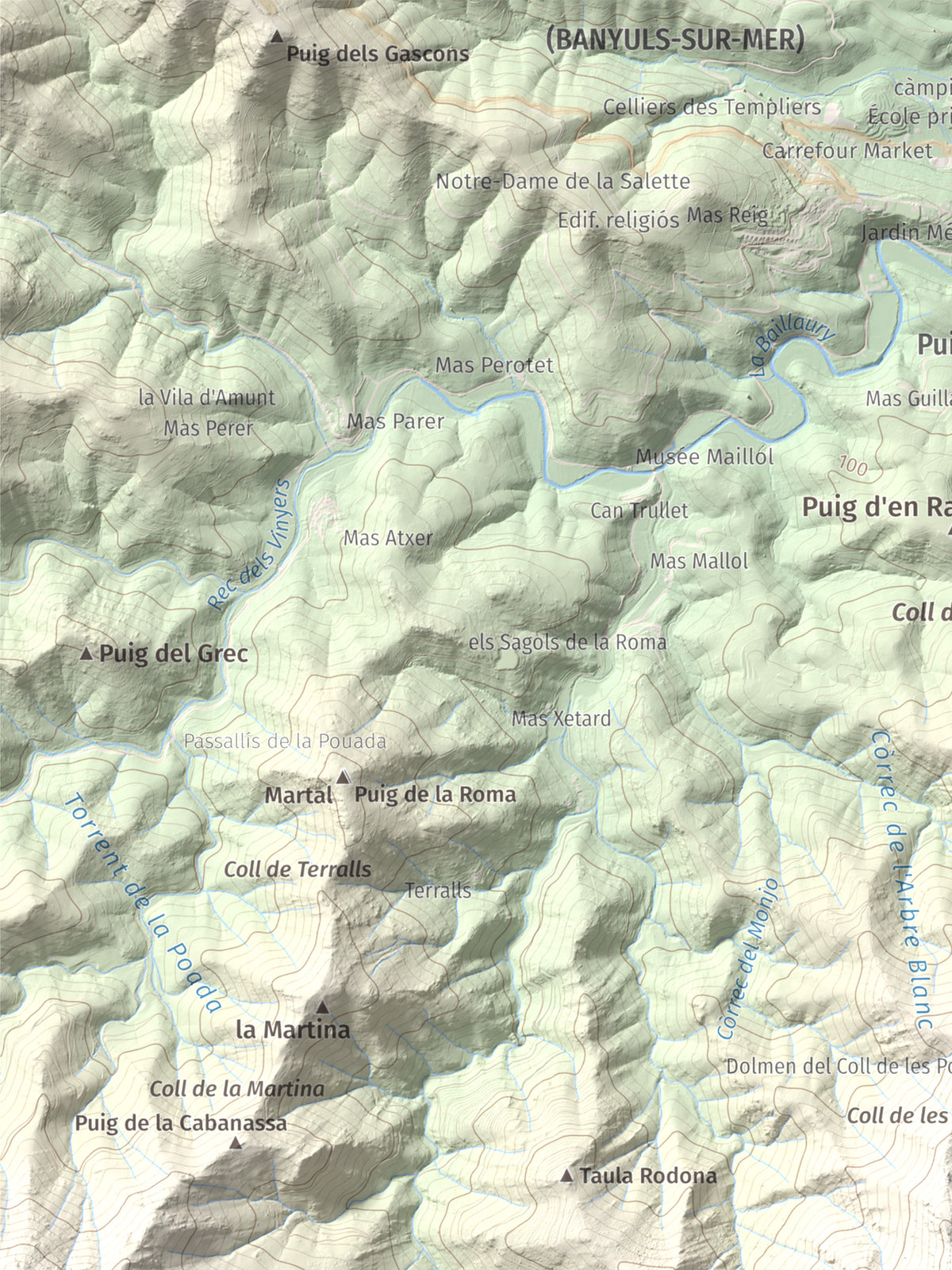 Mapa topogràfic del relleu: Querroig, 672 m. Detall de la zona superior esquerra. 30 × 40 cm.