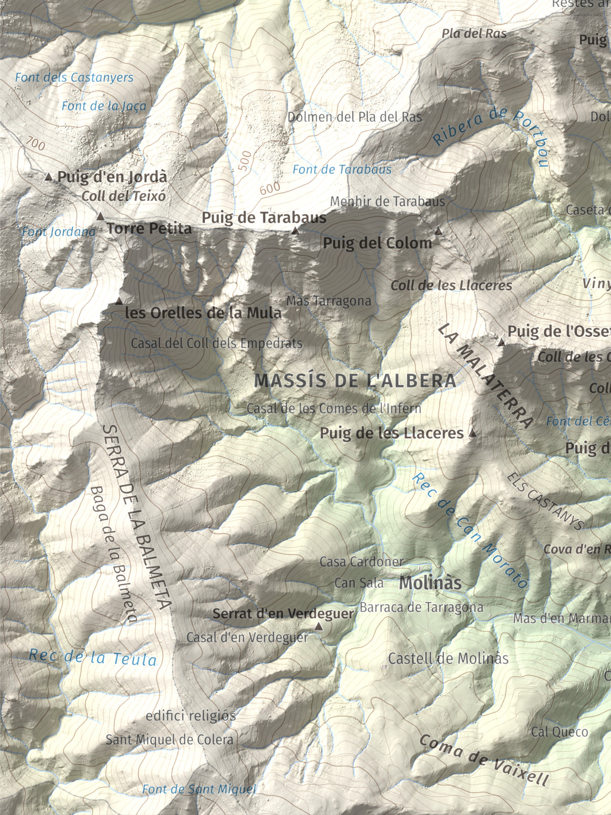 Mapa topogràfic del relleu: Querroig, 672 m. Detall de la zona inferior esquerra. 30 × 40 cm.