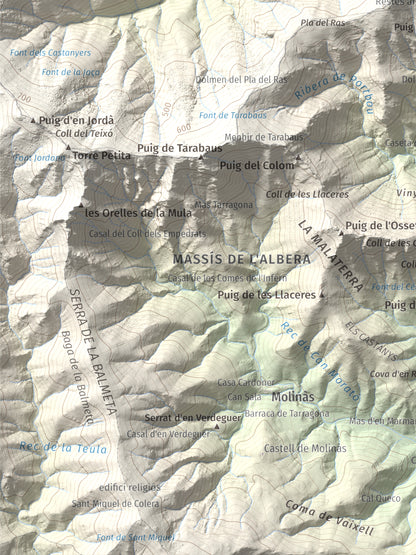 Mapa topogràfic del relleu: Querroig, 672 m. Detall de la zona inferior esquerra. 30 × 40 cm.