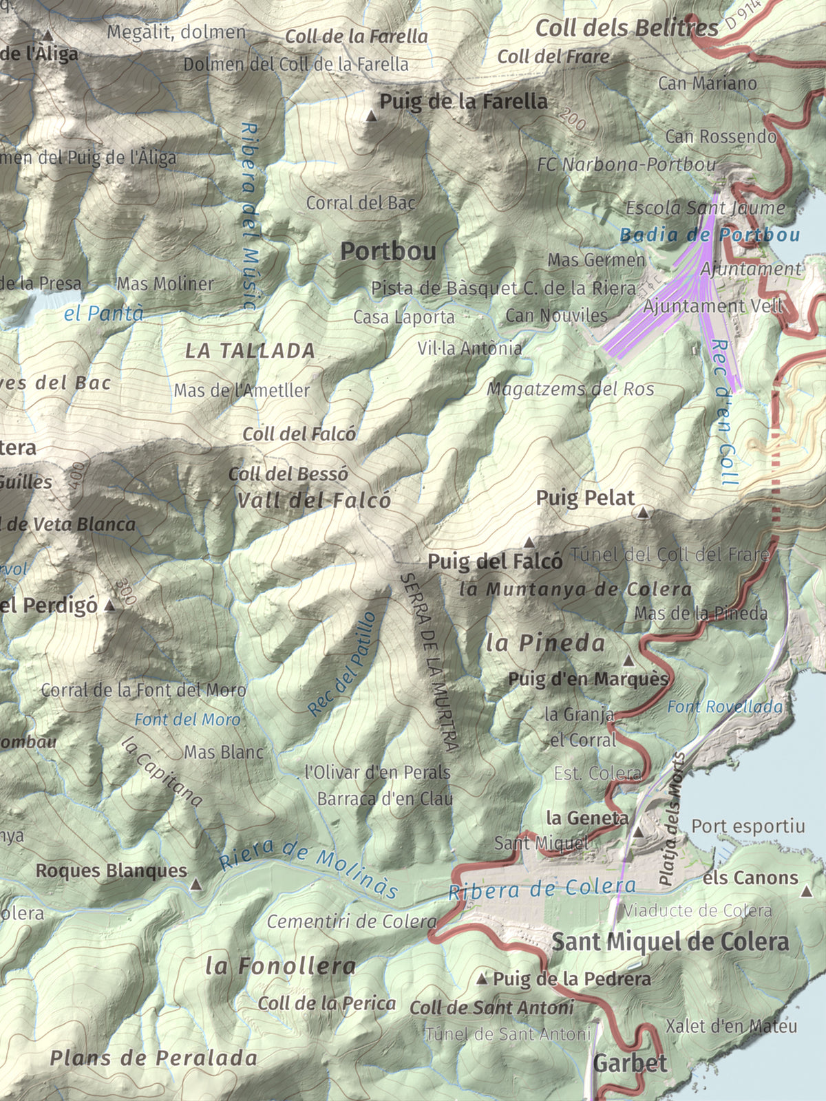 Mapa topogràfic del relleu: Querroig, 672 m. Detall de la zona inferior dreta. 30 × 40 cm.
