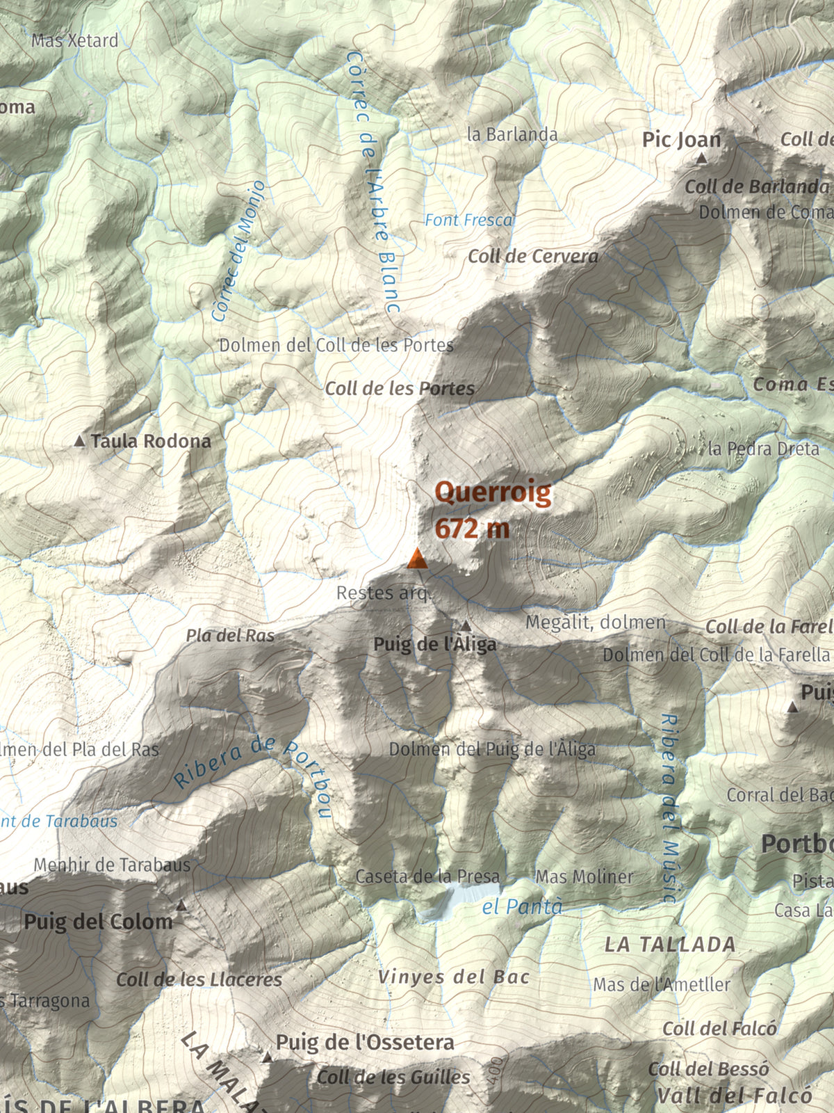 Mapa topogràfic del relleu: Querroig, 672 m. Detall de la zona central. 30 × 40 cm.