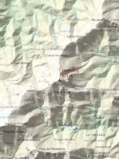 Mapa topogràfic del relleu: Querroig, 672 m. Detall de la zona central. 30 × 40 cm.