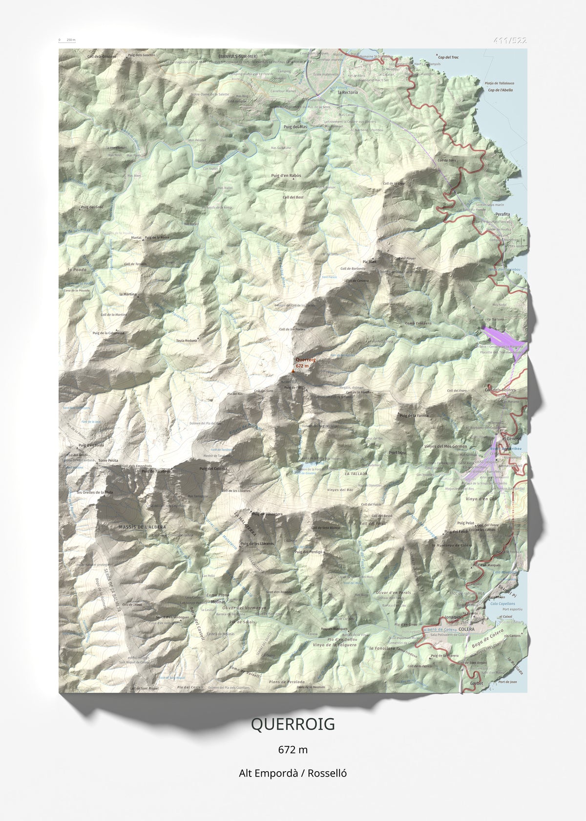 Mapa topogràfic del relleu: Querroig, 672 m. Làmina completa. 50 × 70 cm.