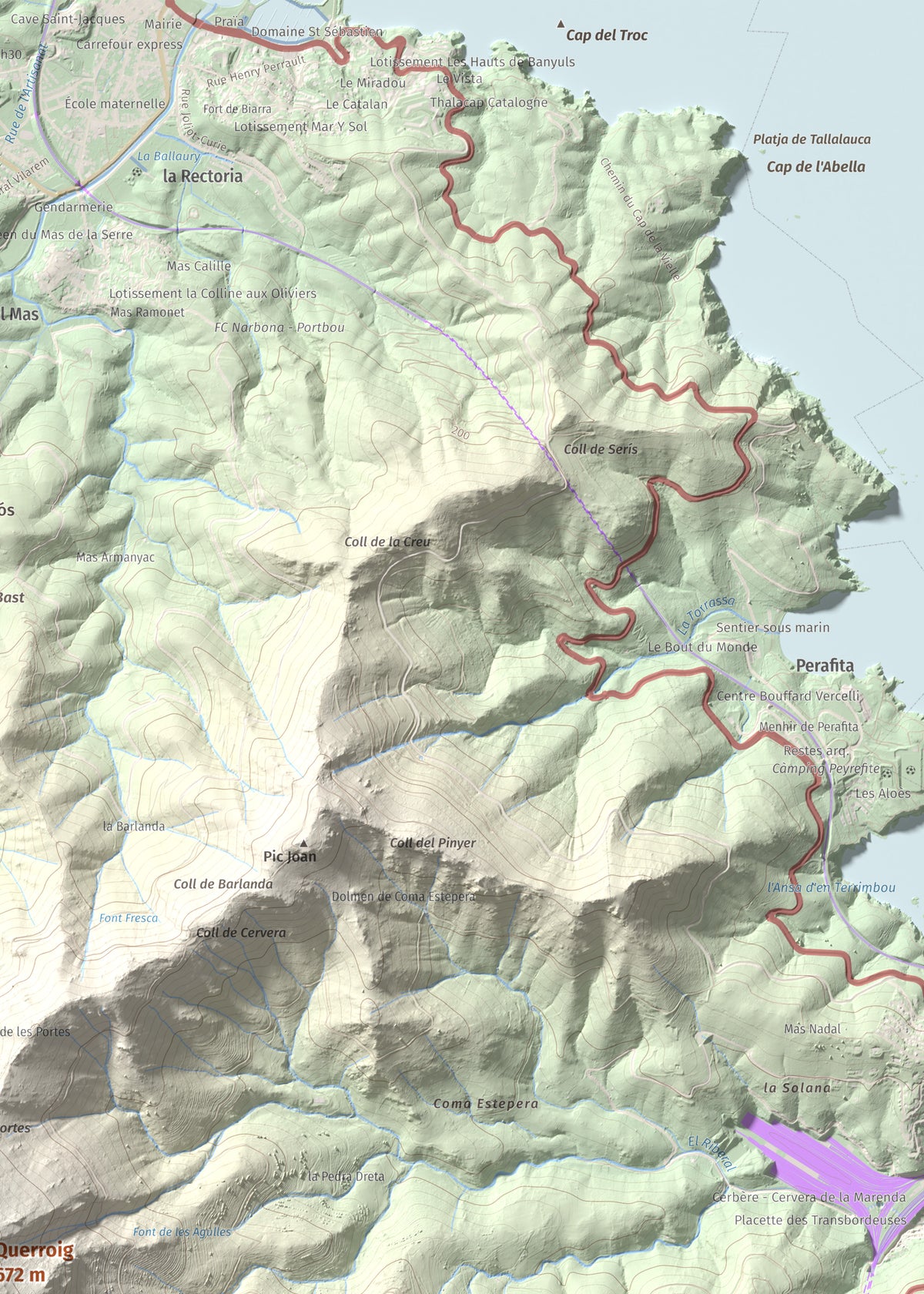 Mapa topogràfic del relleu: Querroig, 672 m. Detall de la zona superior dreta. 50 × 70 cm.