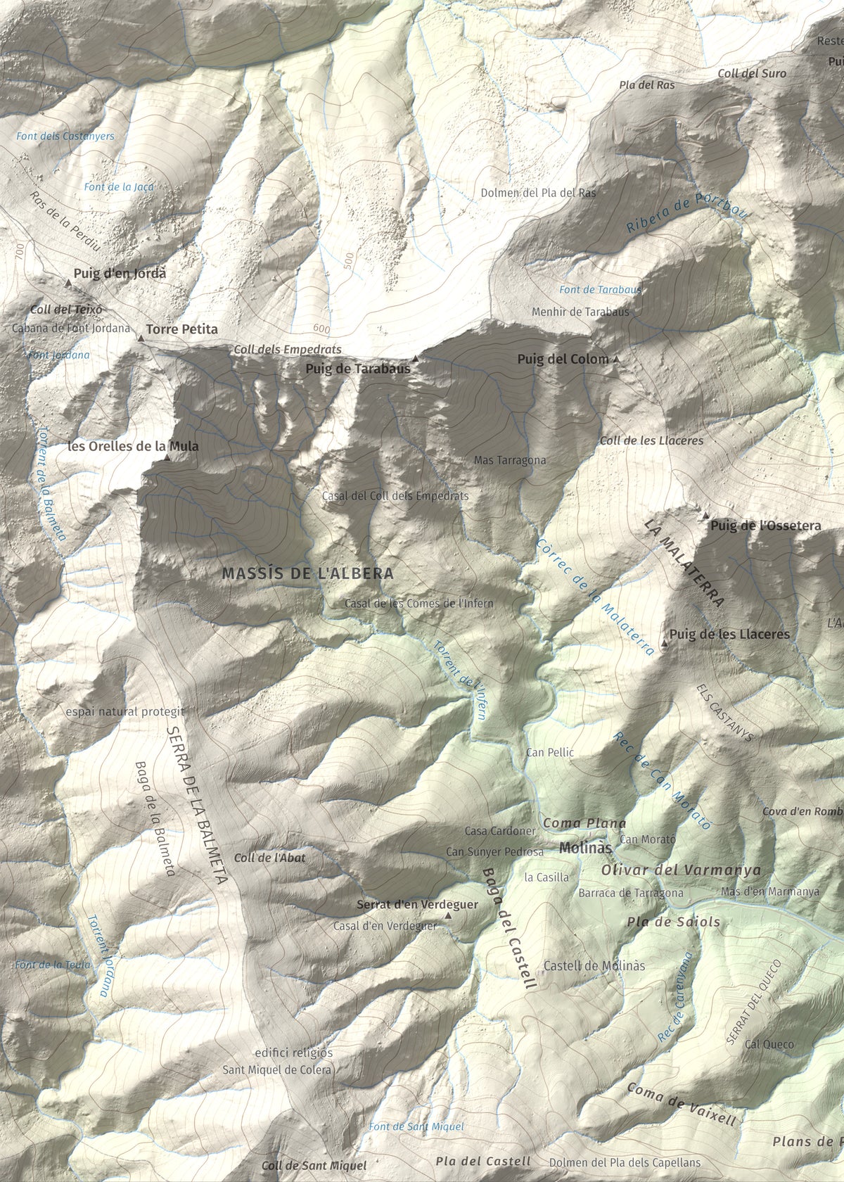 Mapa topogràfic del relleu: Querroig, 672 m. Detall de la zona inferior esquerra. 50 × 70 cm.