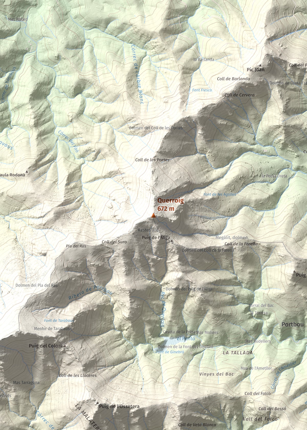 Mapa topogràfic del relleu: Querroig, 672 m. Detall de la zona central. 50 × 70 cm.