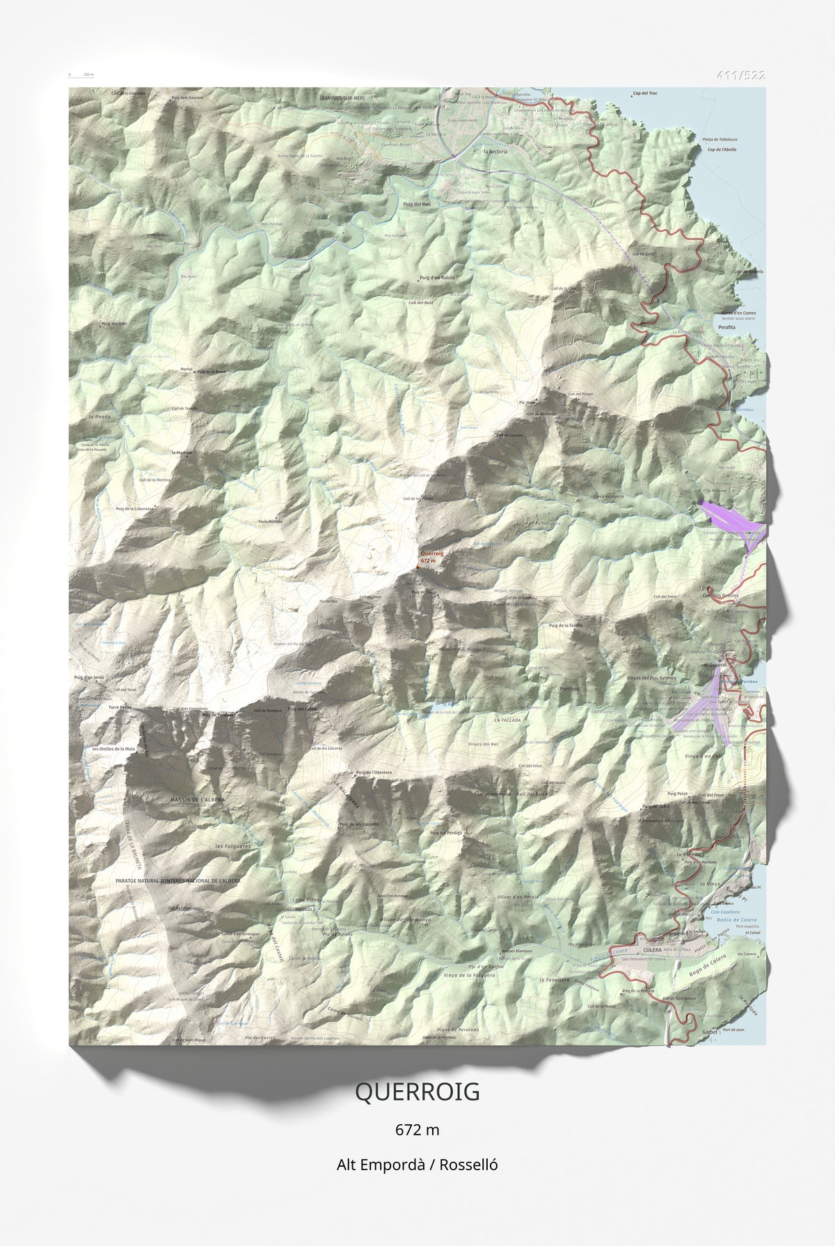 Mapa topogràfic del relleu: Querroig, 672 m. Làmina completa. 61 × 91 cm.