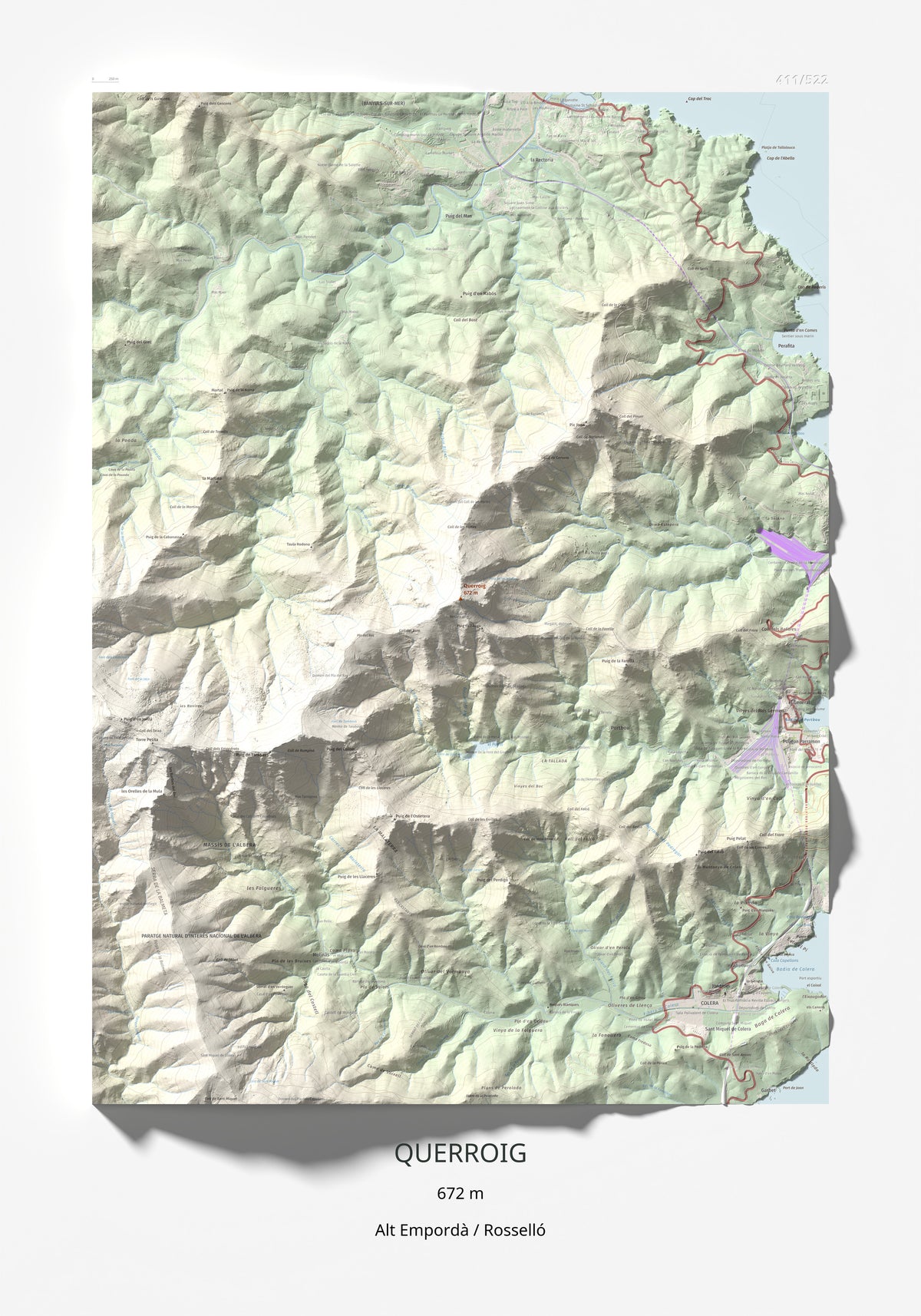 Mapa topogràfic del relleu: Querroig, 672 m. Làmina completa. 70 × 100 cm.