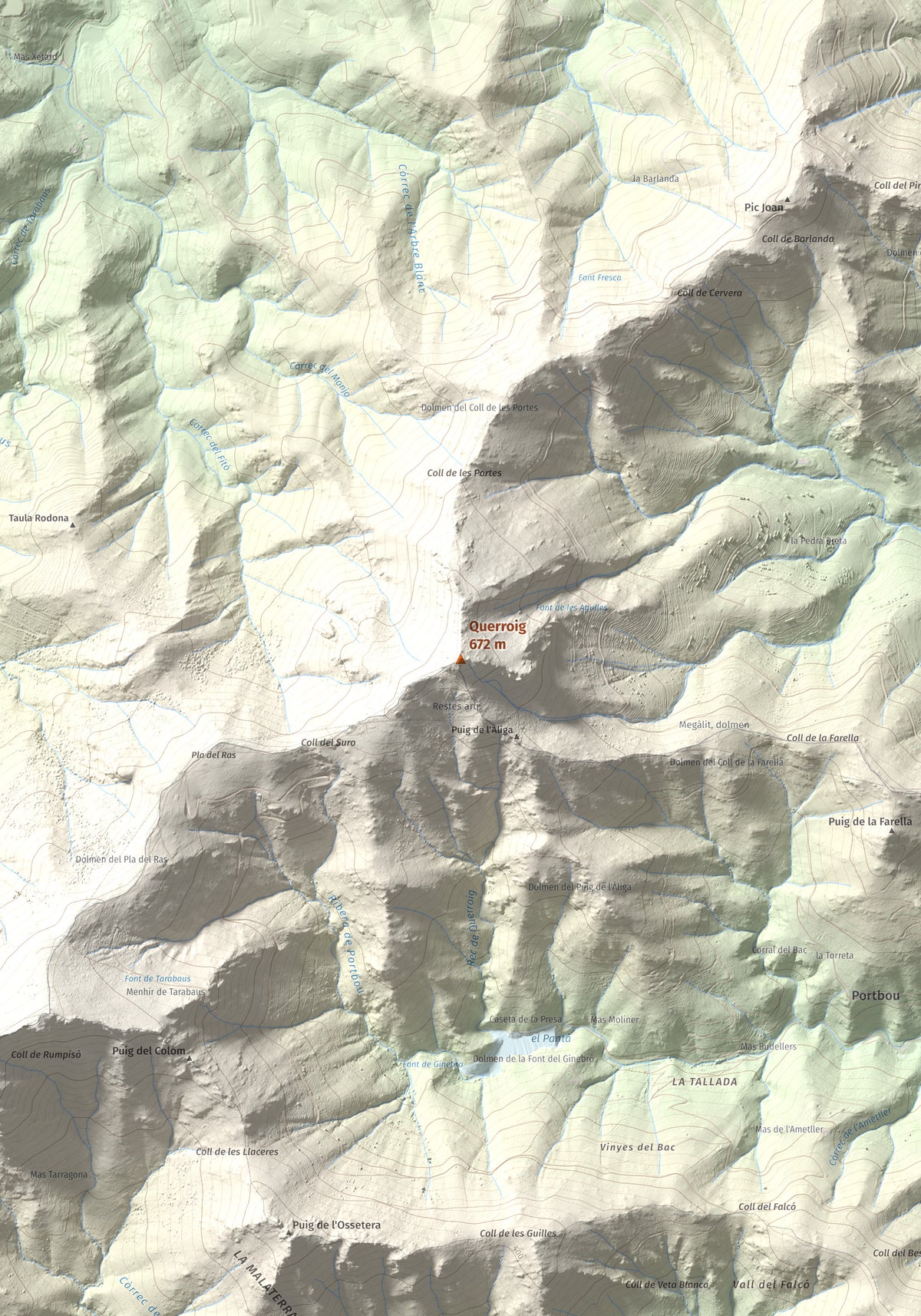 Mapa topogràfic del relleu: Querroig, 672 m. Detall de la zona central. 70 × 100 cm.