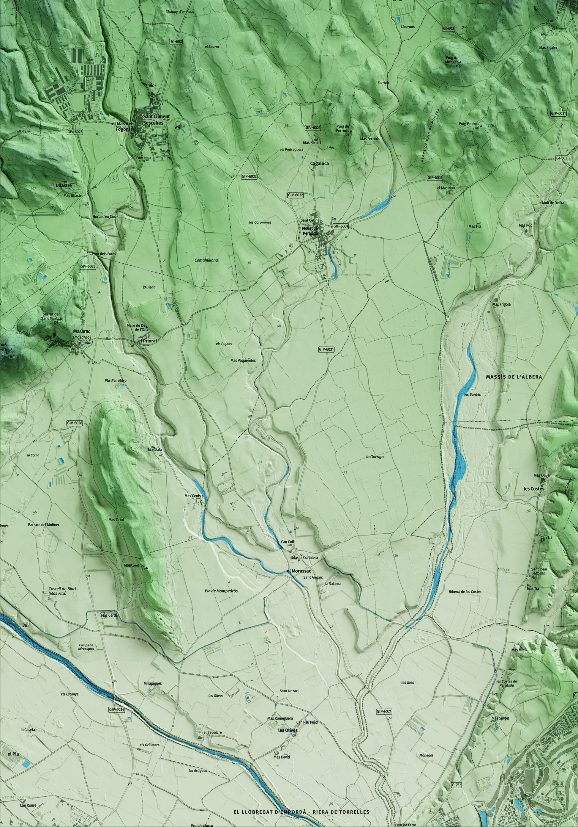 Mapa artístico del relieve de Rabós, al Alt Empordà, con 15 km de entorno y base topográfica ICGC. Detalle de la zona inferior izquierda.