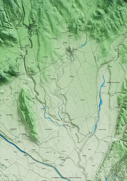 Mapa artístico del relieve de Rabós, al Alt Empordà, con 15 km de entorno y base topográfica ICGC. Detalle de la zona inferior izquierda.