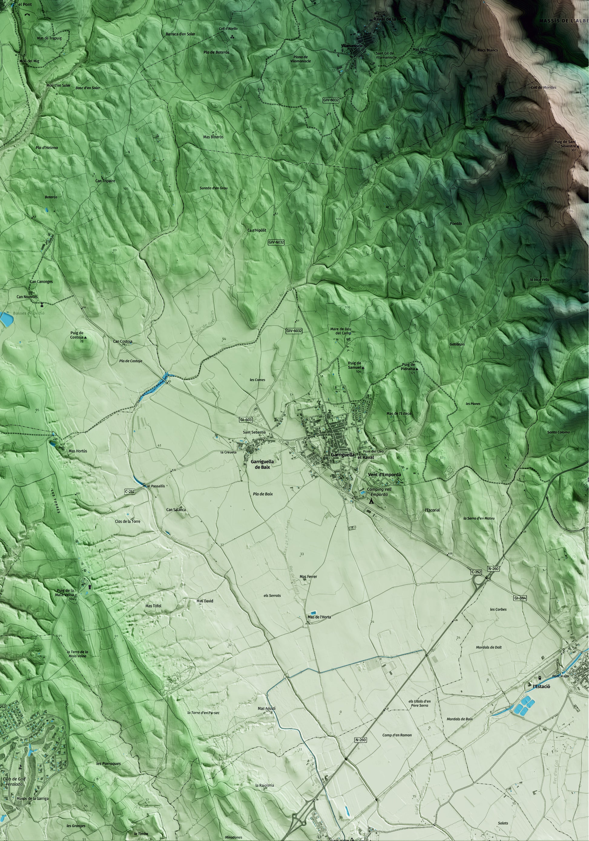 Mapa artístico del relieve de Rabós, al Alt Empordà, con 15 km de entorno y base topográfica ICGC. Detalle de la zona inferior derecha.