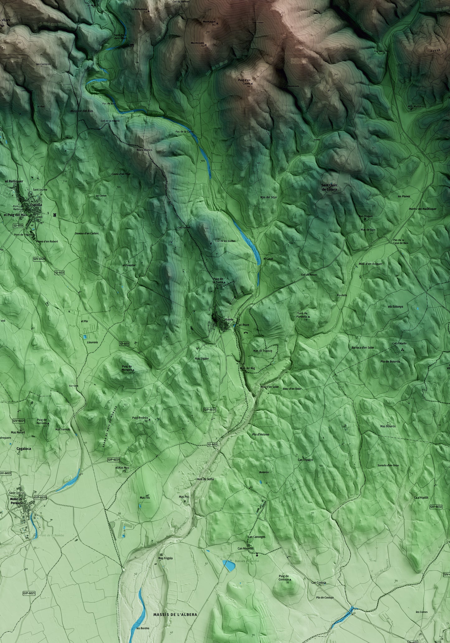 Mapa artístico del relieve de Rabós, al Alt Empordà, con 15 km de entorno y base topográfica ICGC. Detalle de la zona central.