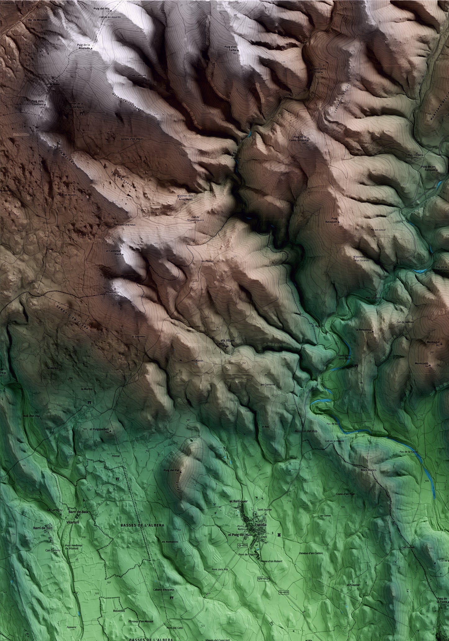 Mapa artístico del relieve de Rabós, al Alt Empordà, con 15 km de entorno y base topográfica ICGC. Detalle de la zona superior izquierda.