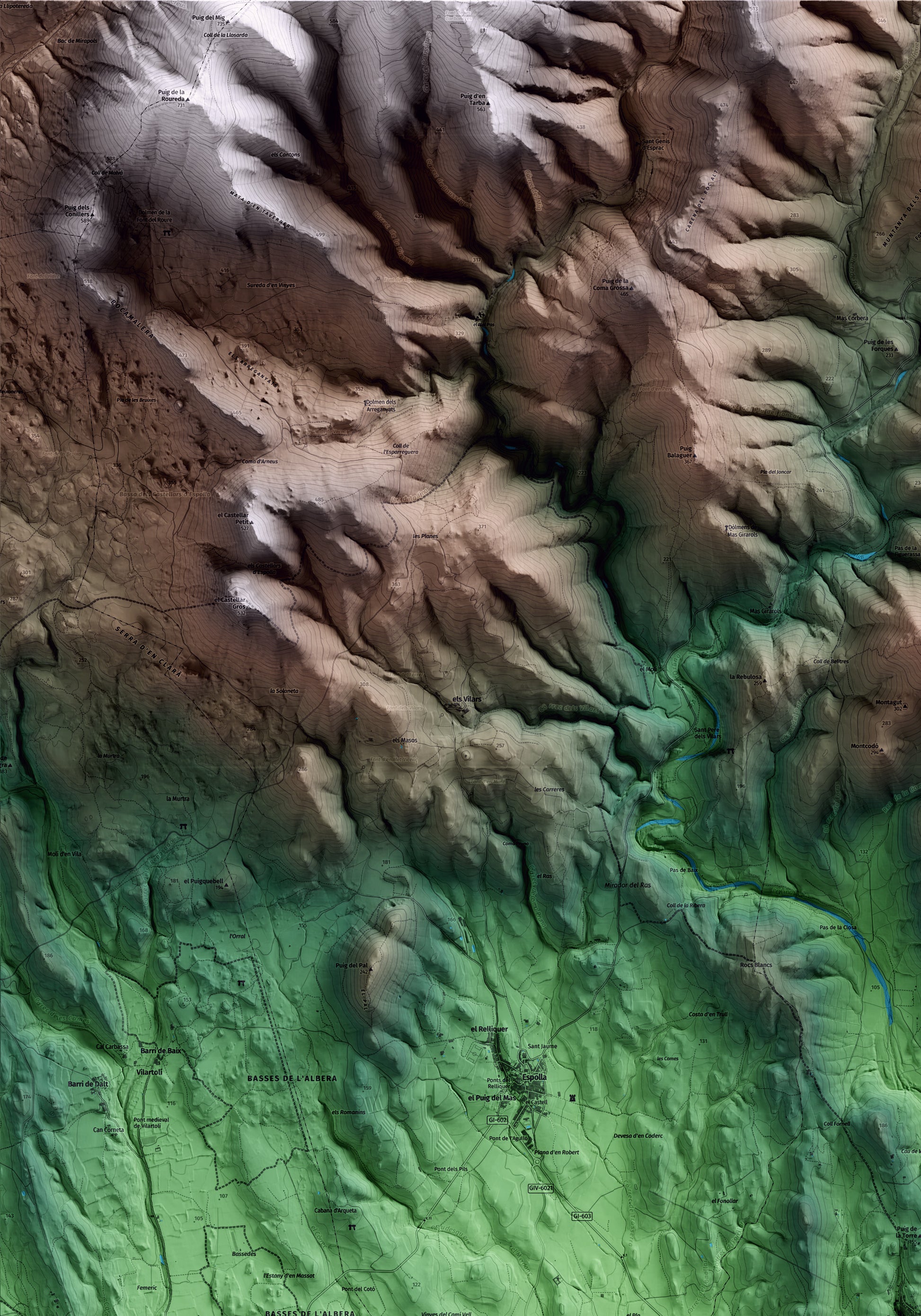 Mapa artístico del relieve de Rabós, al Alt Empordà, con 15 km de entorno y base topográfica ICGC. Detalle de la zona superior izquierda.