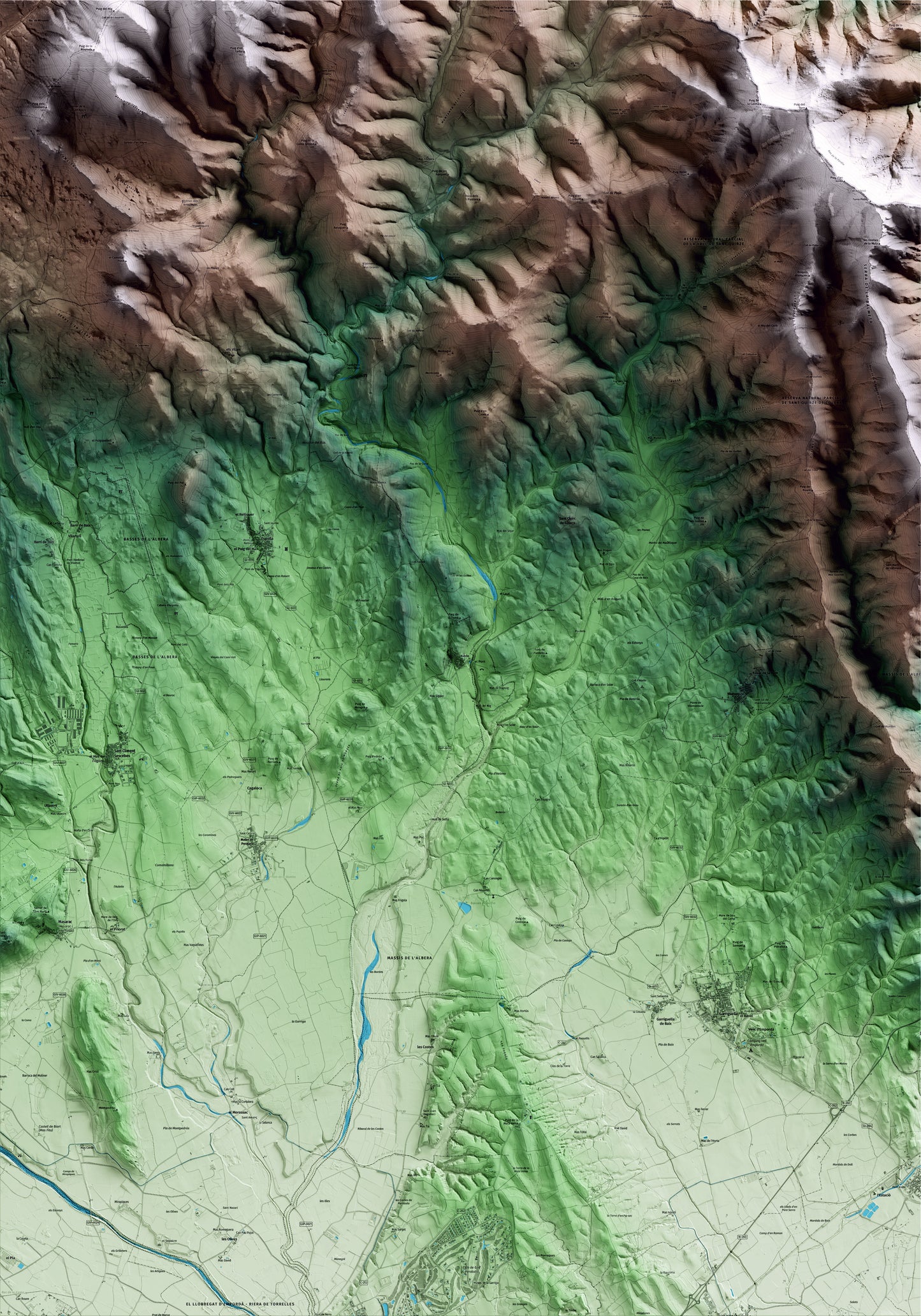 Mapa artístico del relieve de Rabós, al Alt Empordà, con 15 km de entorno y base topográfica ICGC
