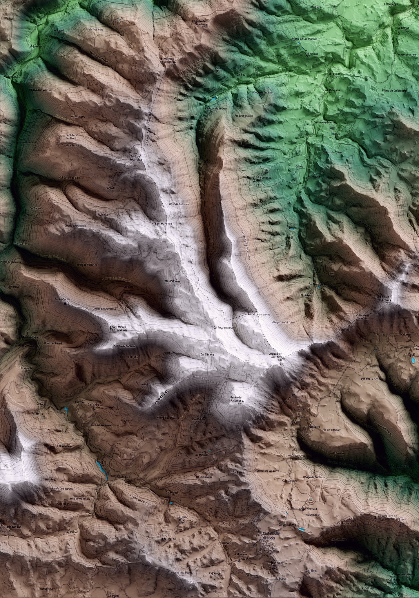 Mapa artístico del relieve de Rajadell, al Bages, con 15 km de entorno y base topográfica ICGC. Detalle de la zona inferior izquierda.