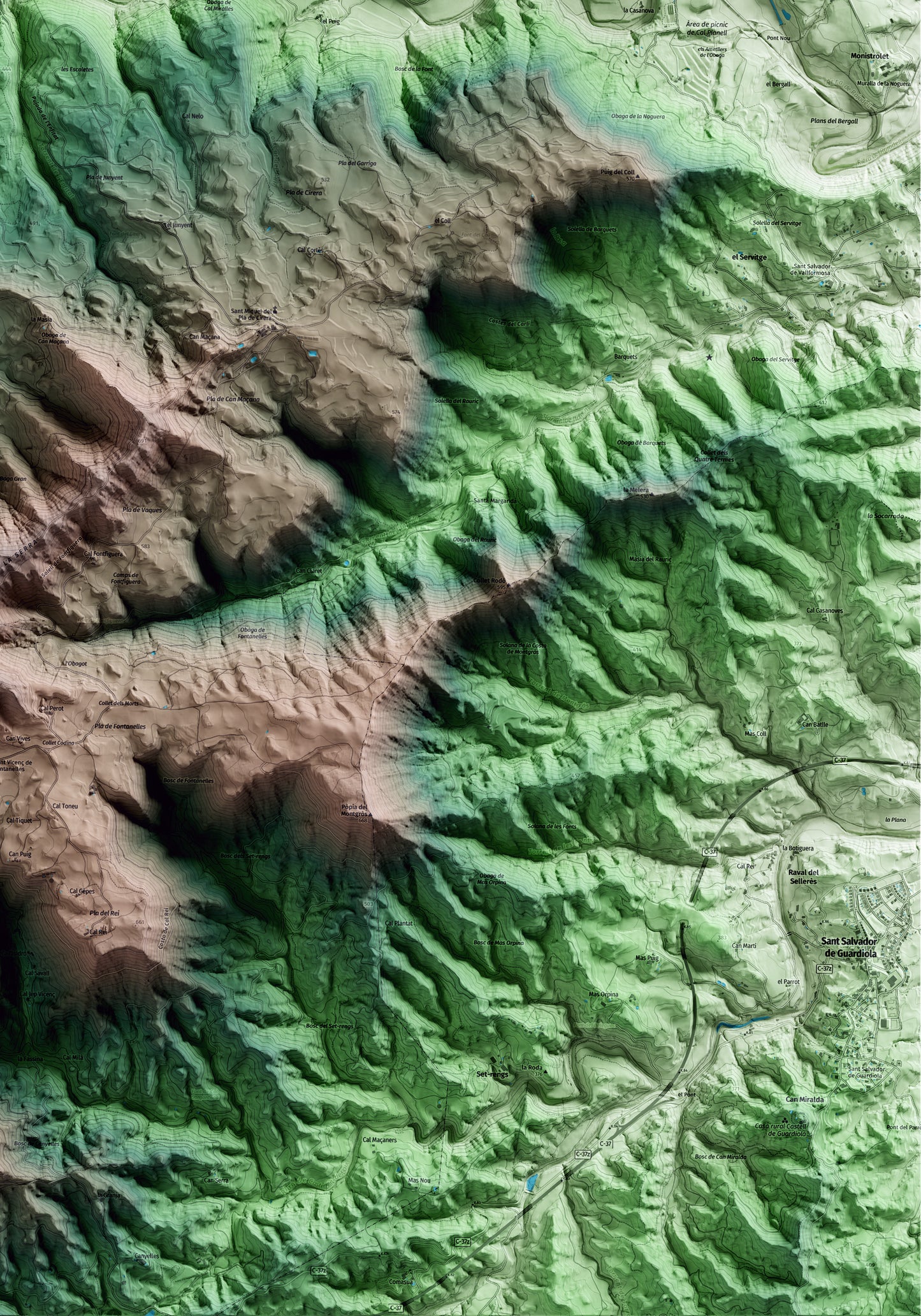 Mapa artístico del relieve de Rajadell, al Bages, con 15 km de entorno y base topográfica ICGC. Detalle de la zona inferior derecha.