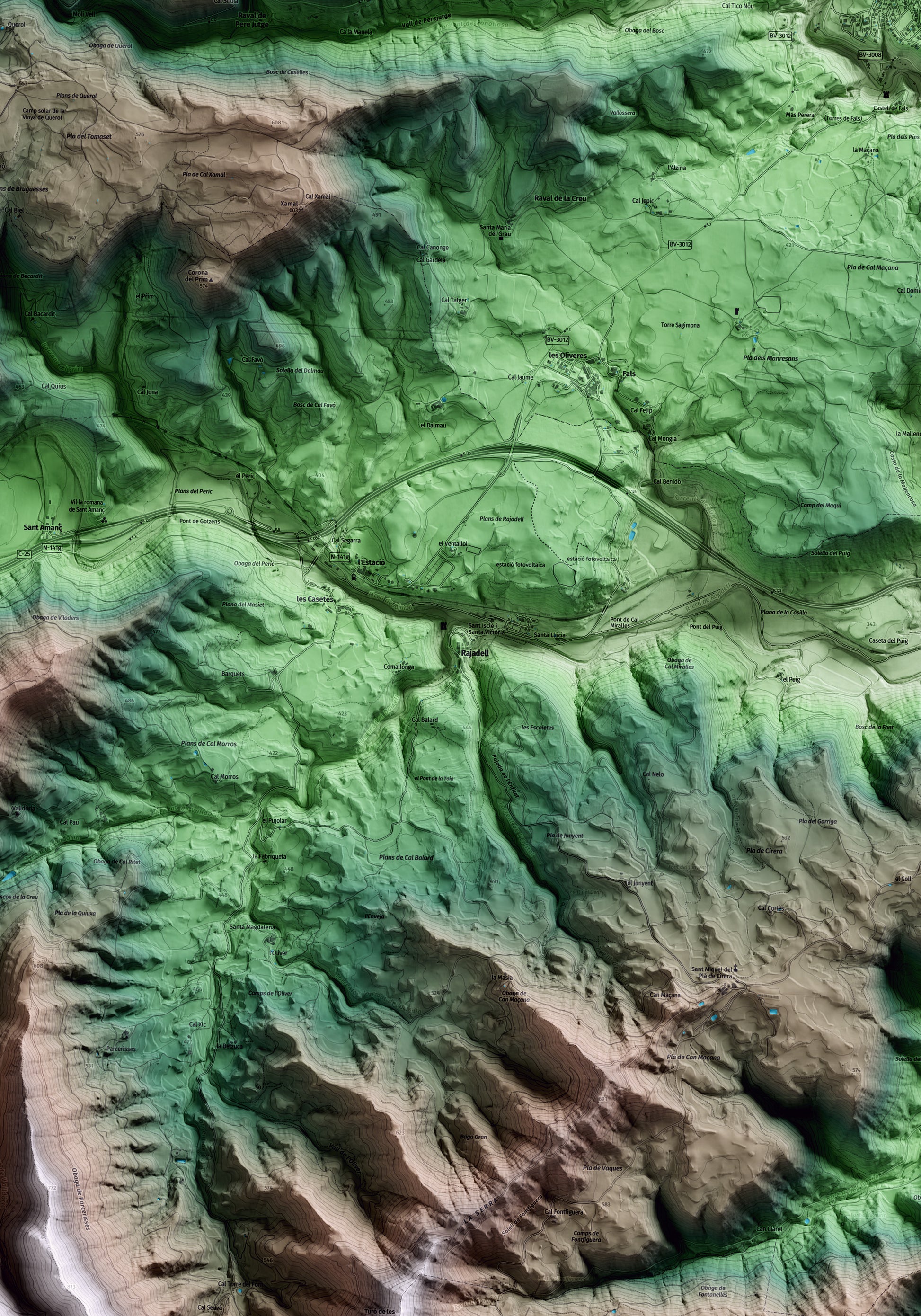 Mapa artístico del relieve de Rajadell, al Bages, con 15 km de entorno y base topográfica ICGC. Detalle de la zona central.