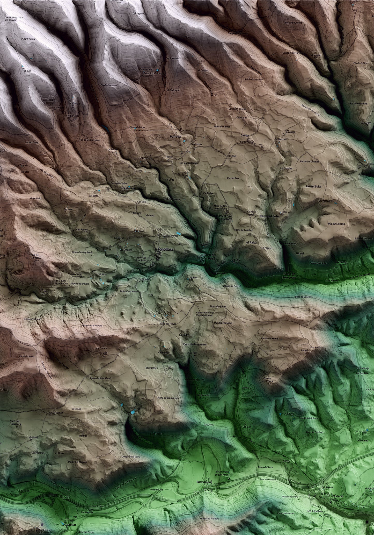 Mapa artístico del relieve de Rajadell, al Bages, con 15 km de entorno y base topográfica ICGC. Detalle de la zona superior izquierda.