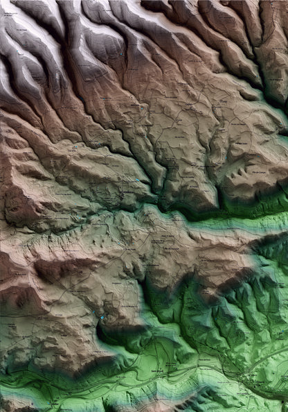Mapa artístico del relieve de Rajadell, al Bages, con 15 km de entorno y base topográfica ICGC. Detalle de la zona superior izquierda.