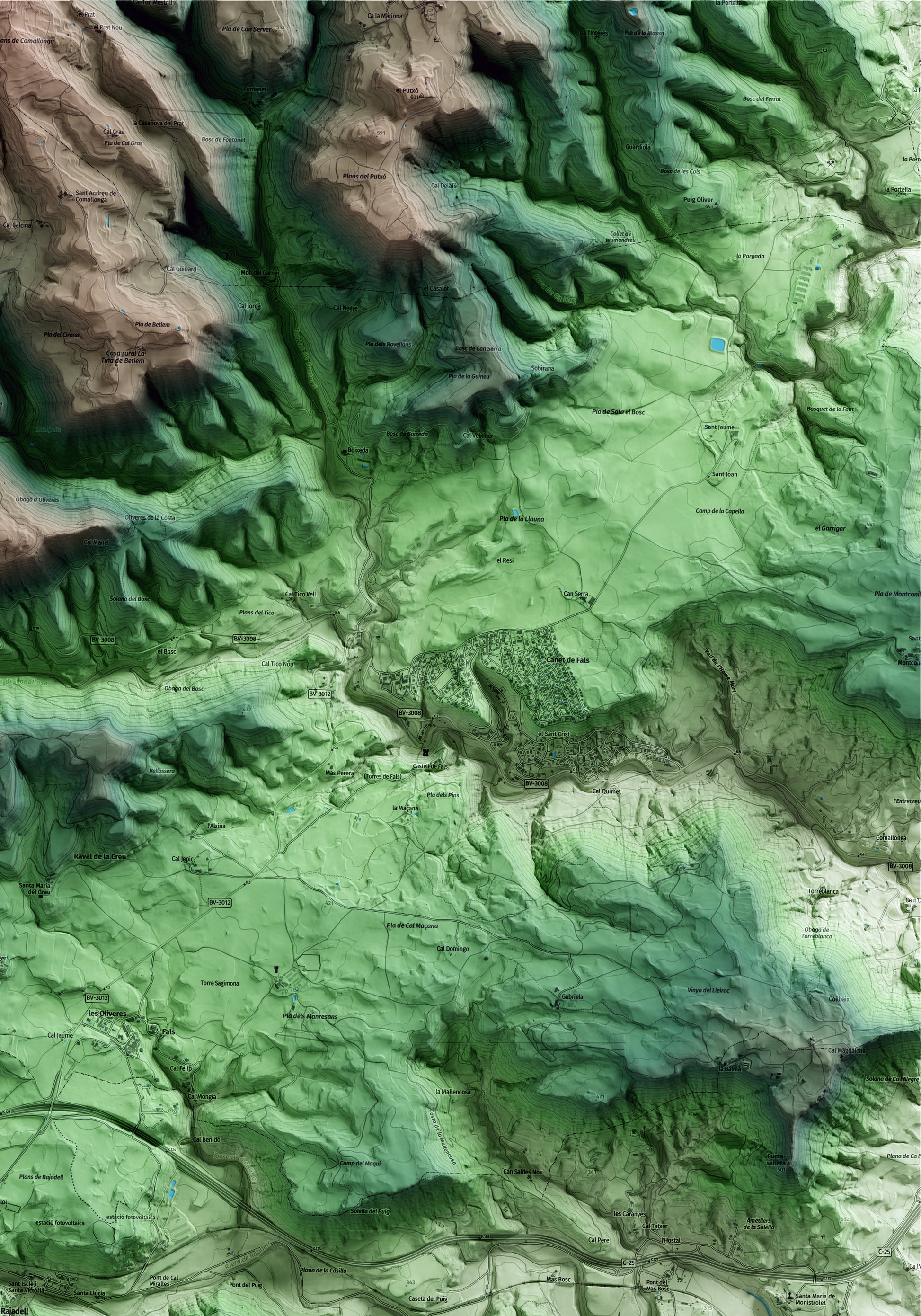 Mapa artístico del relieve de Rajadell, al Bages, con 15 km de entorno y base topográfica ICGC. Detalle de la zona superior derecha.