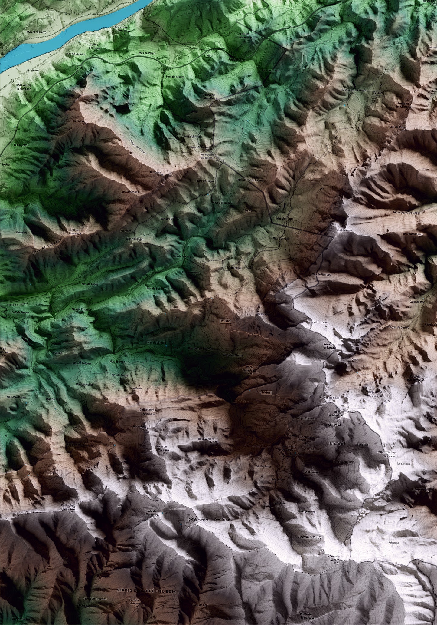 Mapa artístico del relieve de Rasquera, a la Ribera de Ebro, con 15 km de entorno y base topográfica ICGC. Detalle de la zona inferior izquierda.