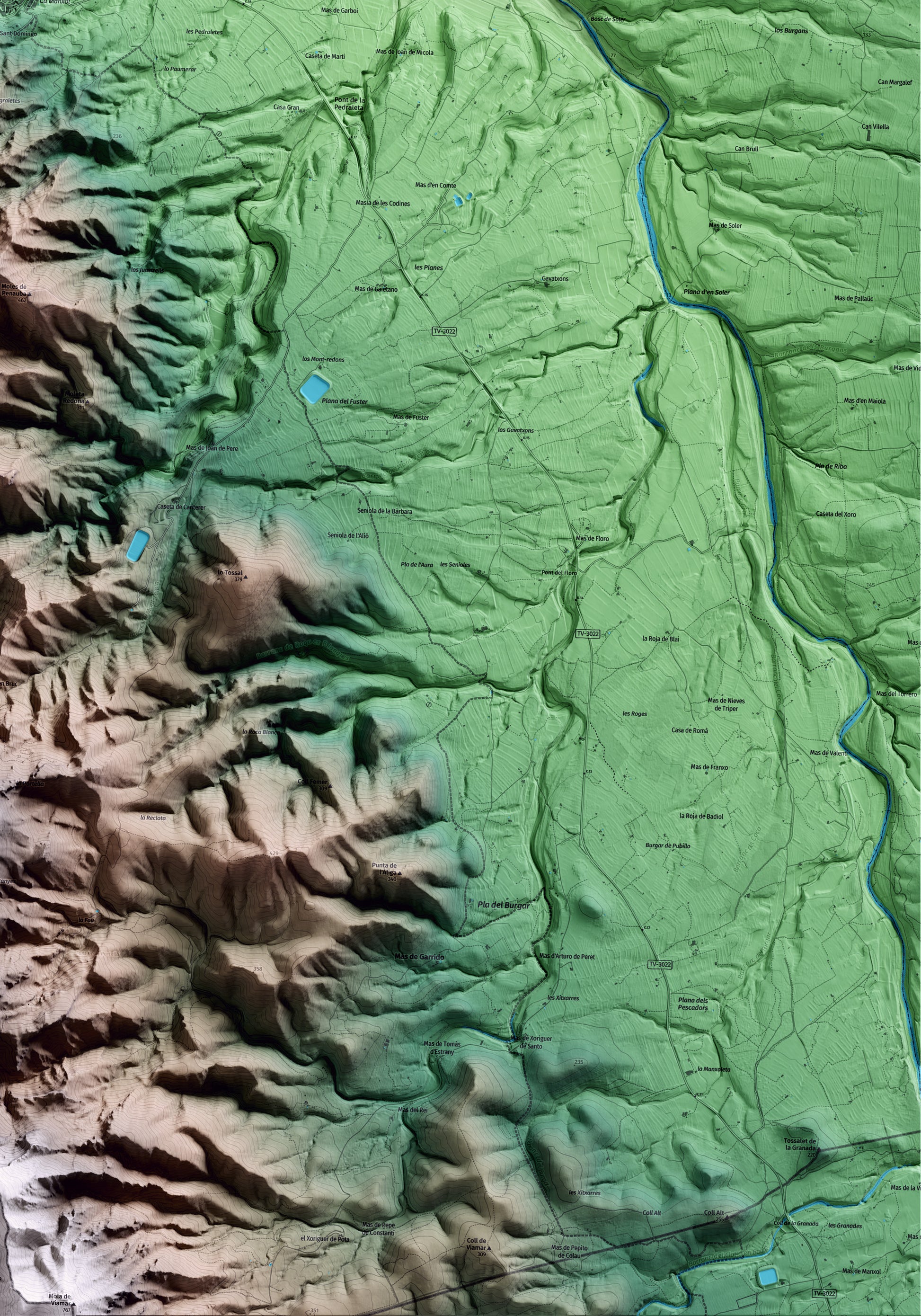 Mapa artístico del relieve de Rasquera, a la Ribera de Ebro, con 15 km de entorno y base topográfica ICGC. Detalle de la zona inferior derecha.