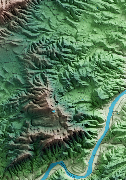 Mapa artístico del relieve de Rasquera, a la Ribera de Ebro, con 15 km de entorno y base topográfica ICGC. Detalle de la zona superior izquierda.