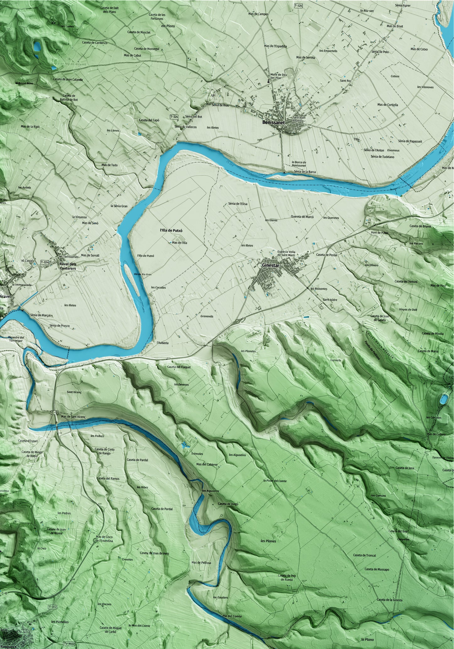 Mapa artístico del relieve de Rasquera, a la Ribera de Ebro, con 15 km de entorno y base topográfica ICGC. Detalle de la zona superior derecha.