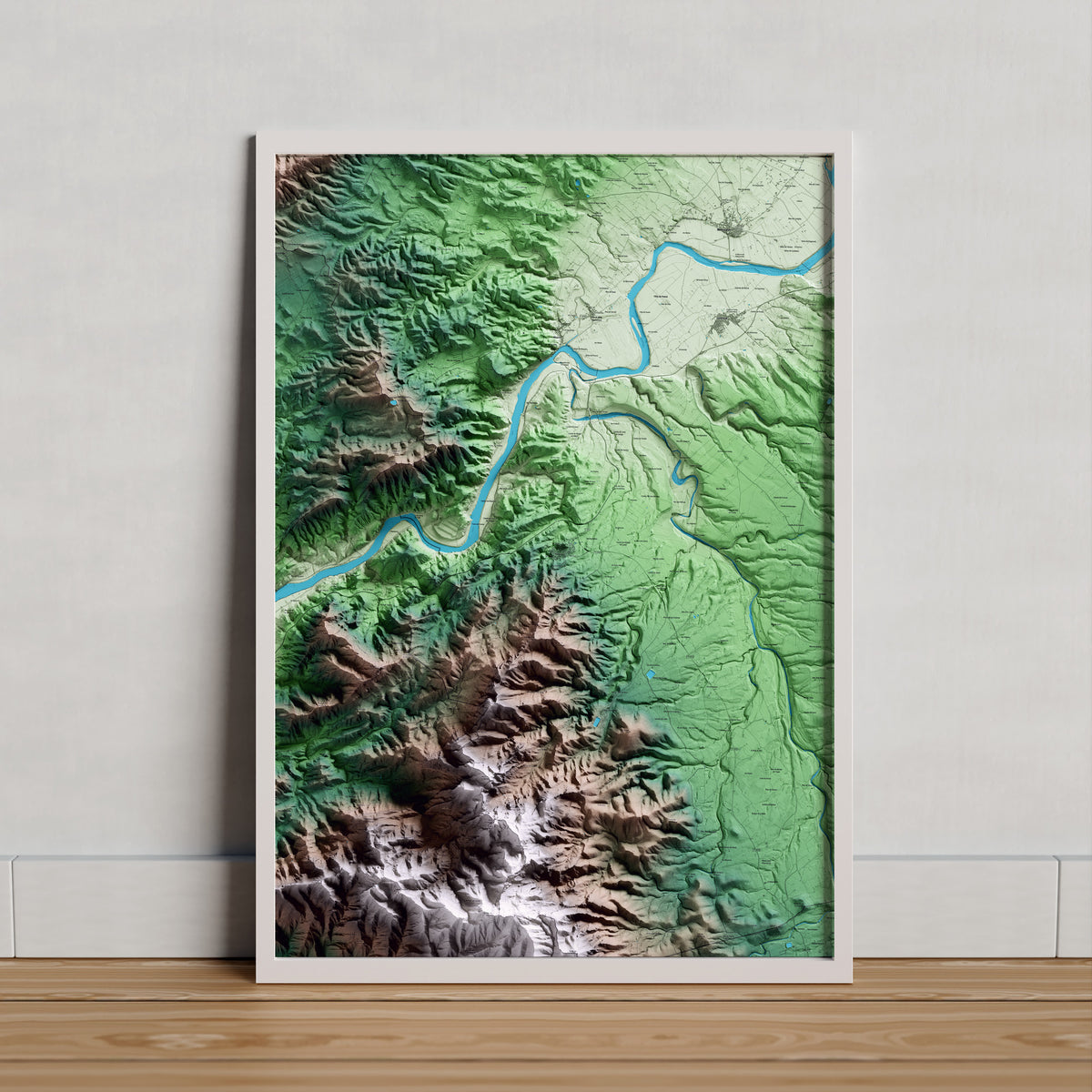 Mapa artístico del relieve de Rasquera, a la Ribera de Ebro, con 15 km de entorno y base topográfica ICGC. Presentación enmarcada.