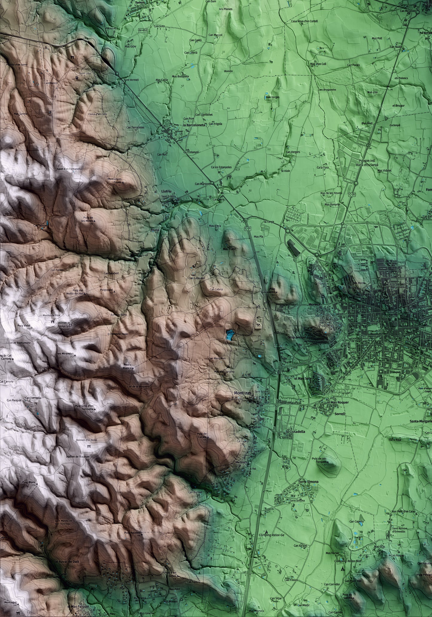 Mapa artístico del relieve de Regencós, al Baix Empordà, con 15 km de entorno y base topográfica ICGC. Detalle de la zona inferior izquierda.