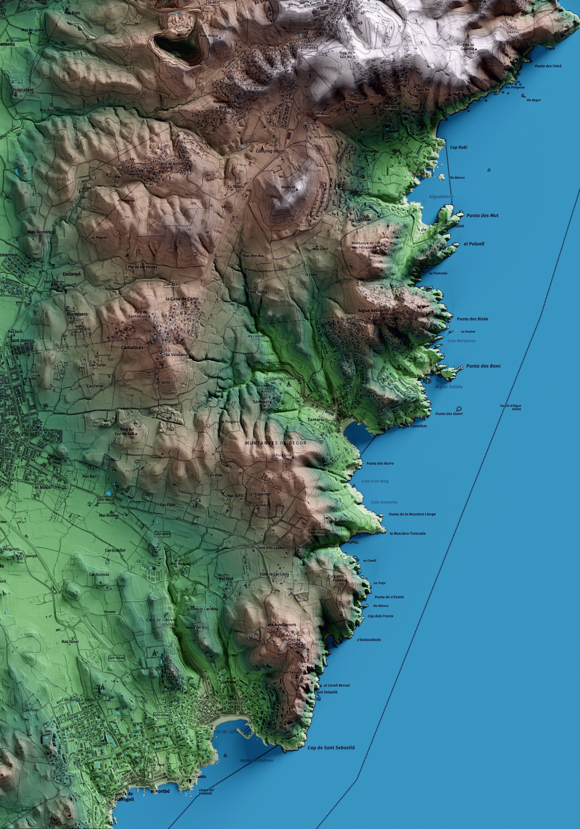 Mapa artístico del relieve de Regencós, al Baix Empordà, con 15 km de entorno y base topográfica ICGC. Detalle de la zona inferior derecha.