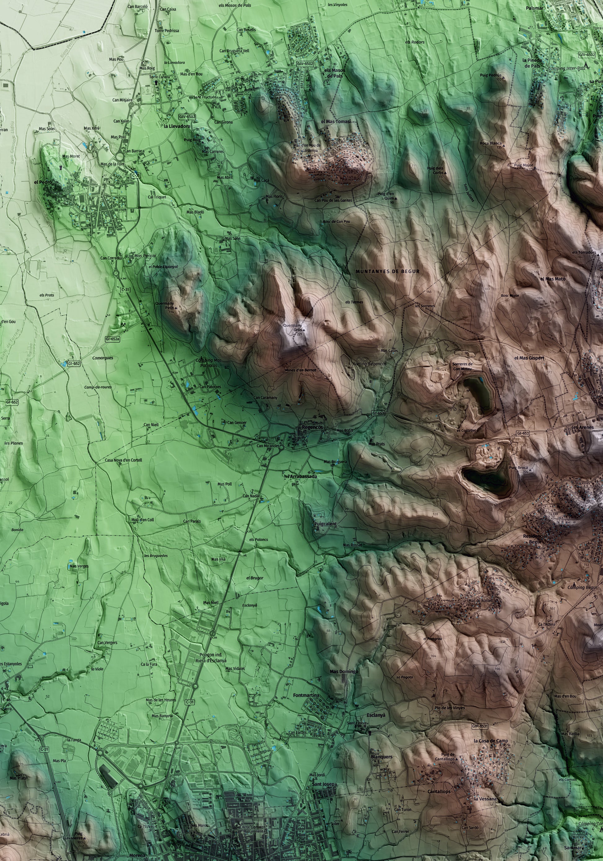 Mapa artístico del relieve de Regencós, al Baix Empordà, con 15 km de entorno y base topográfica ICGC. Detalle de la zona central.