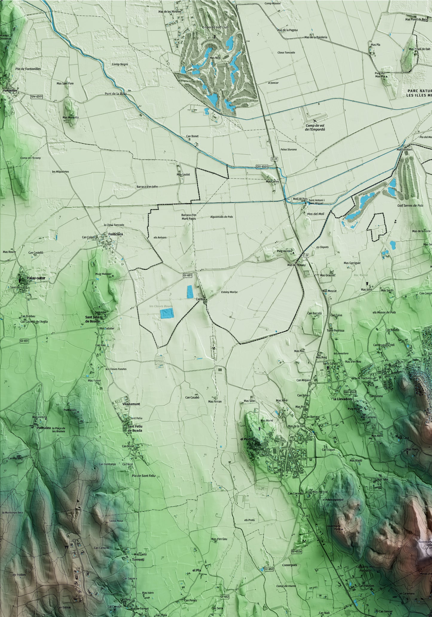 Mapa artístico del relieve de Regencós, al Baix Empordà, con 15 km de entorno y base topográfica ICGC. Detalle de la zona superior izquierda.