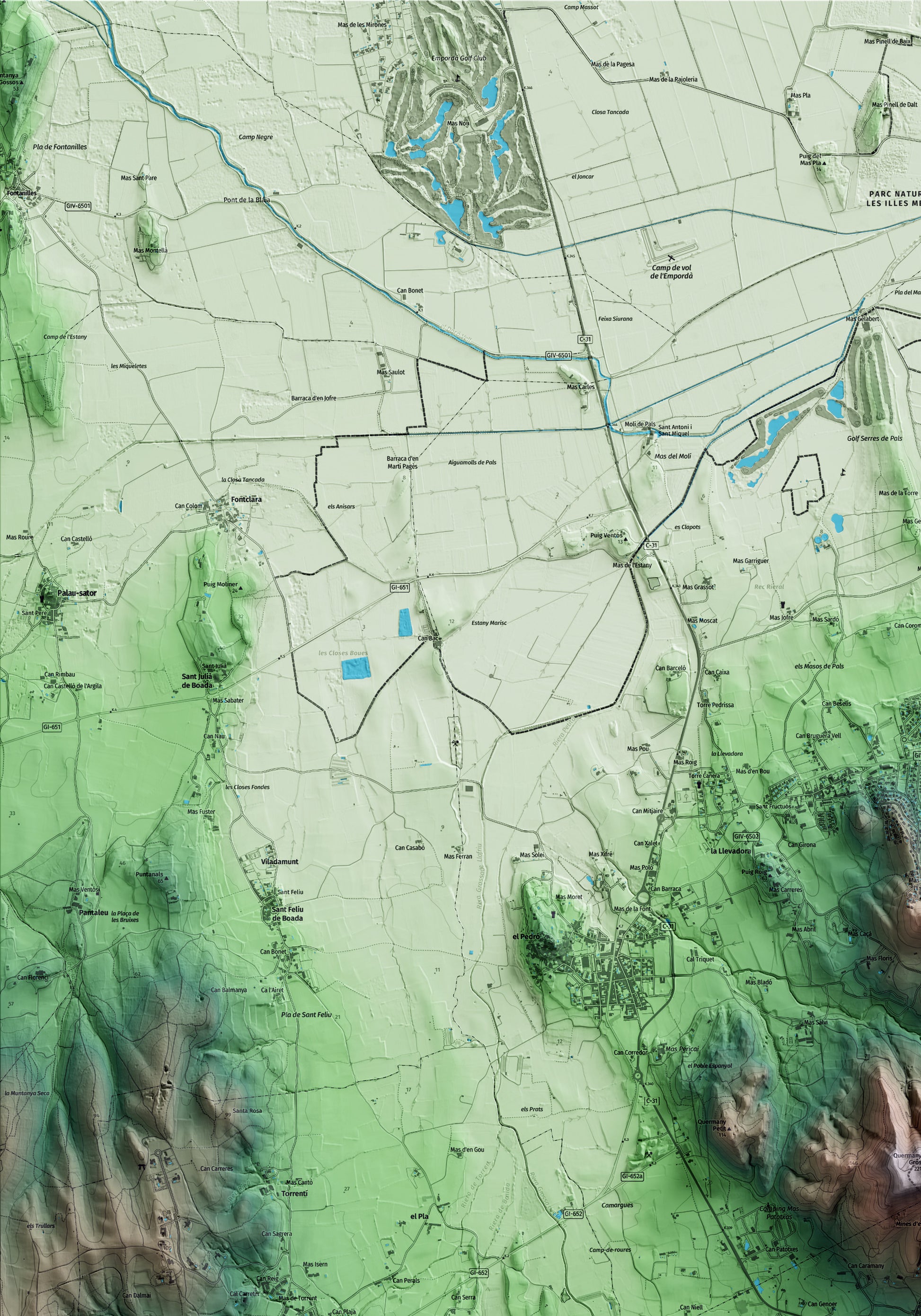 Mapa artístico del relieve de Regencós, al Baix Empordà, con 15 km de entorno y base topográfica ICGC. Detalle de la zona superior izquierda.