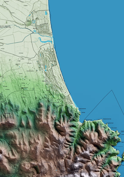 Mapa artístico del relieve de Regencós, al Baix Empordà, con 15 km de entorno y base topográfica ICGC. Detalle de la zona superior derecha.