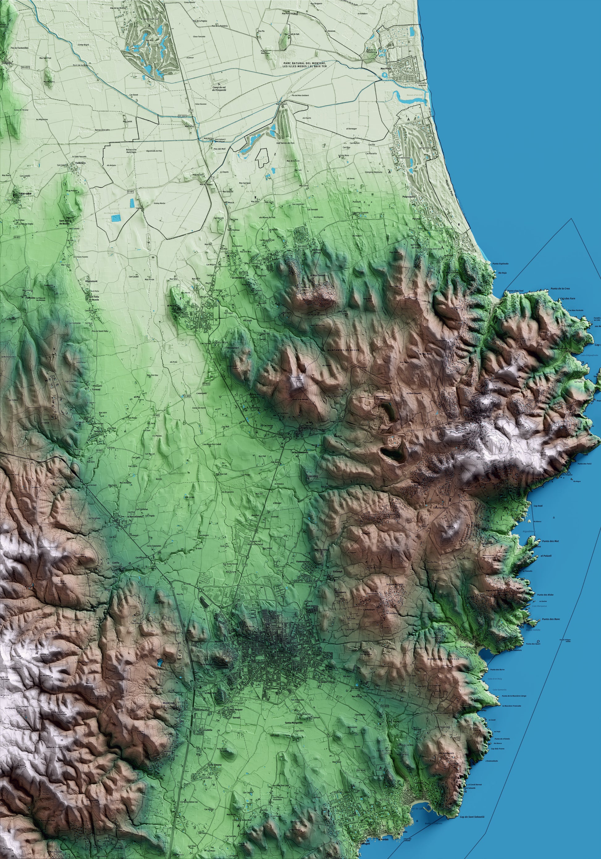 Mapa artístico del relieve de Regencós, al Baix Empordà, con 15 km de entorno y base topográfica ICGC