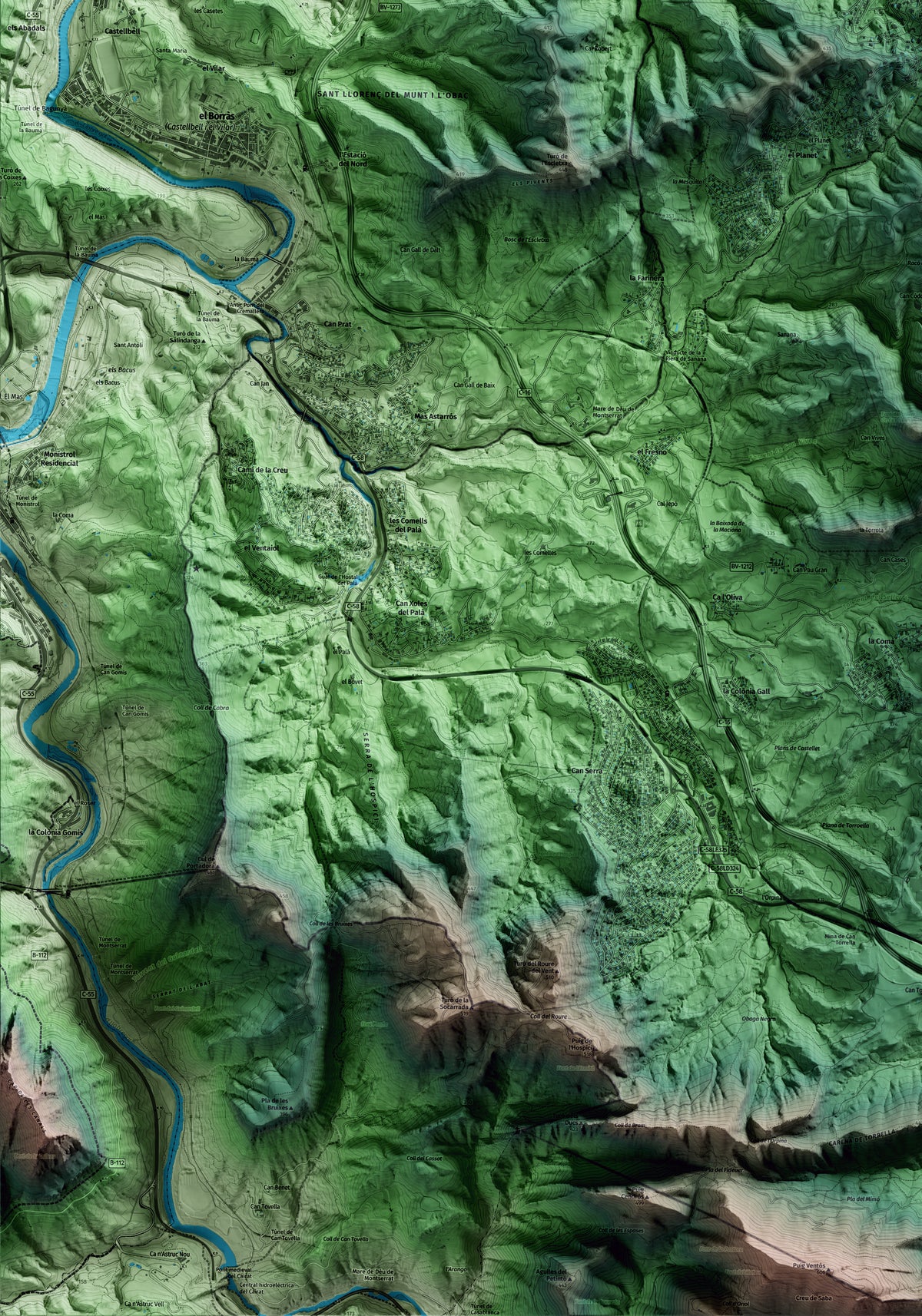 Mapa artístico del relieve de Rellinars, al Vallès Occidental, con 15 km de entorno y base topográfica ICGC. Detalle de la zona inferior izquierda.