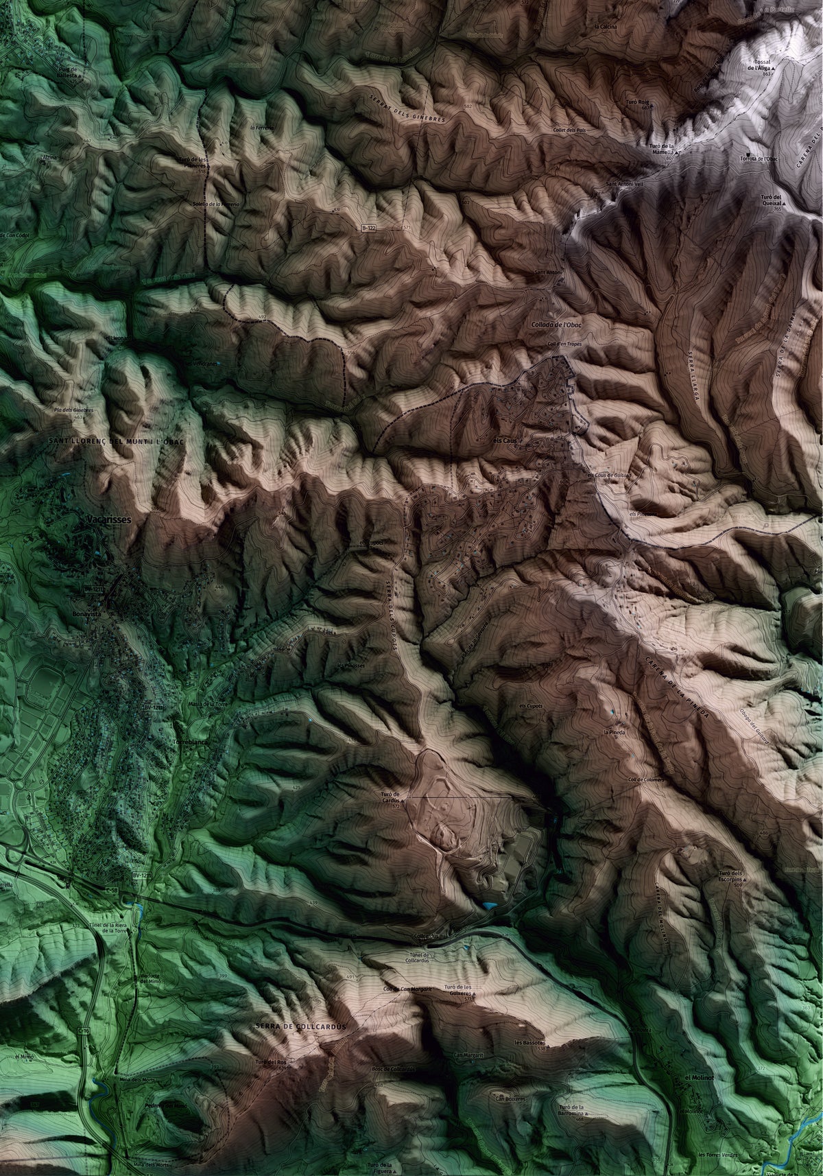 Mapa artístico del relieve de Rellinars, al Vallès Occidental, con 15 km de entorno y base topográfica ICGC. Detalle de la zona inferior derecha.