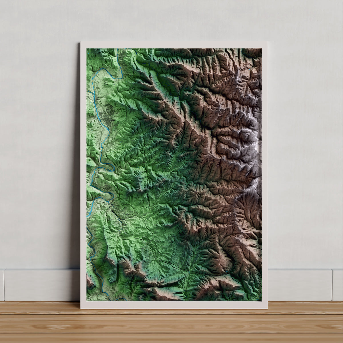 Mapa artístico del relieve de Rellinars, al Vallès Occidental, con 15 km de entorno y base topográfica ICGC. Presentación enmarcada.