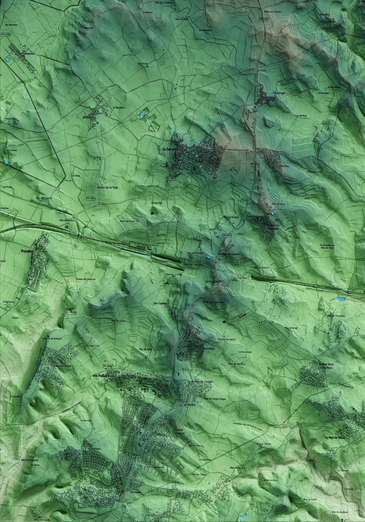 Mapa artístico del relieve de Renau, al Tarragonès, con 15 km de entorno y base topográfica ICGC. Detalle de la zona inferior izquierda.