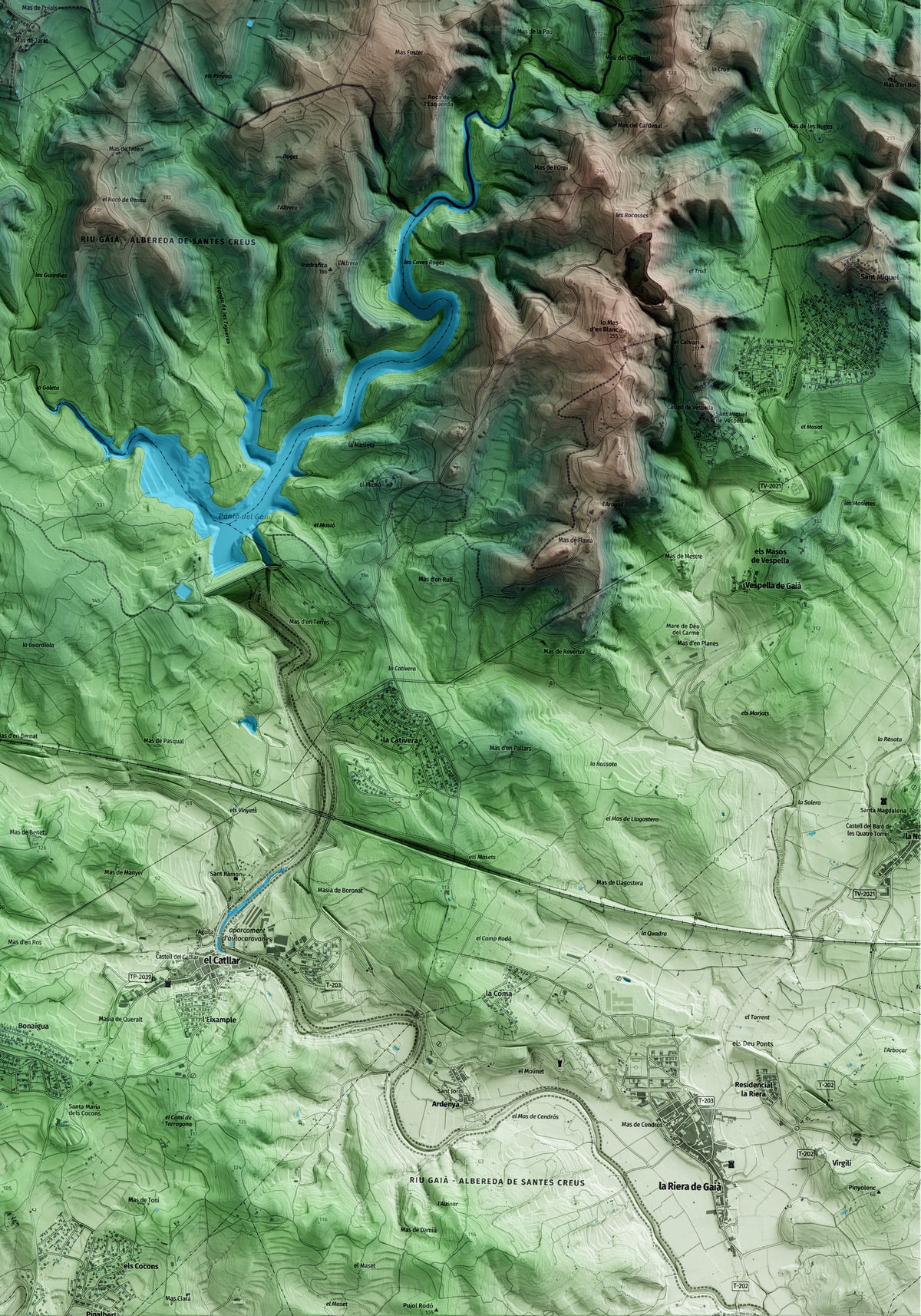 Mapa artístico del relieve de Renau, al Tarragonès, con 15 km de entorno y base topográfica ICGC. Detalle de la zona inferior derecha.