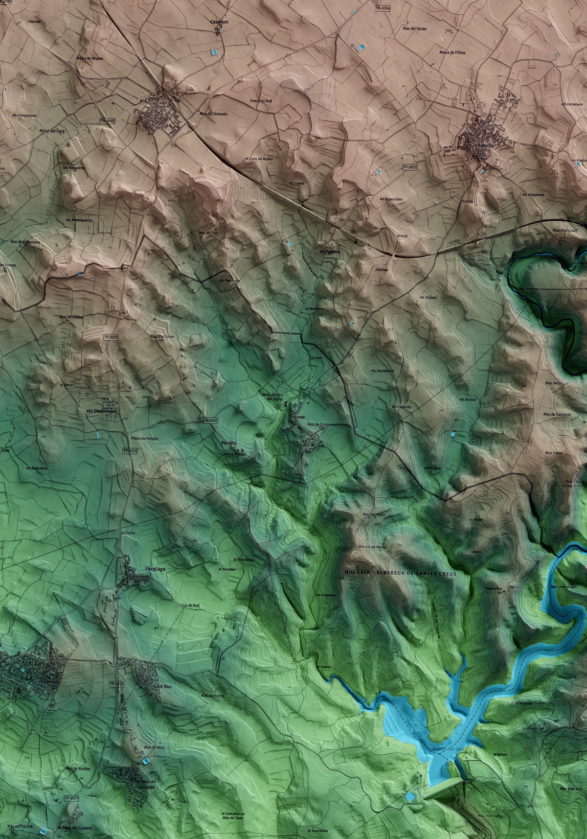 Mapa artístico del relieve de Renau, al Tarragonès, con 15 km de entorno y base topográfica ICGC. Detalle de la zona central.