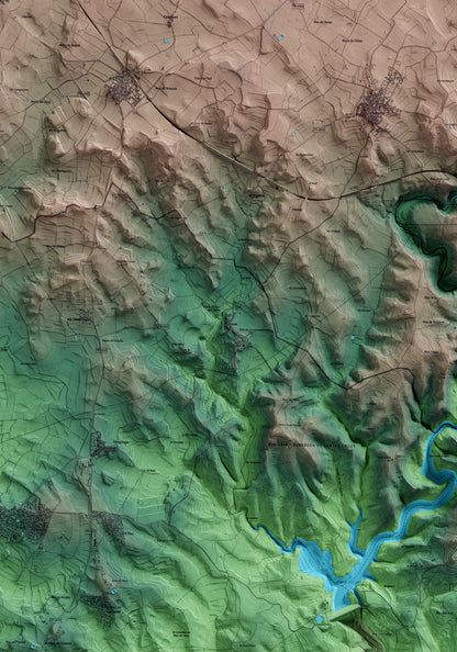Mapa artístico del relieve de Renau, al Tarragonès, con 15 km de entorno y base topográfica ICGC. Detalle de la zona central.