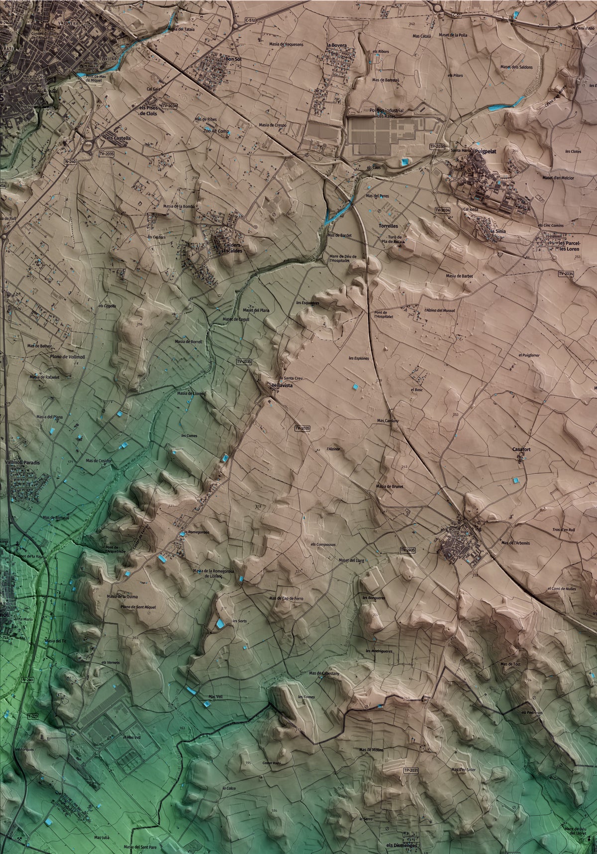 Mapa artístico del relieve de Renau, al Tarragonès, con 15 km de entorno y base topográfica ICGC. Detalle de la zona superior izquierda.