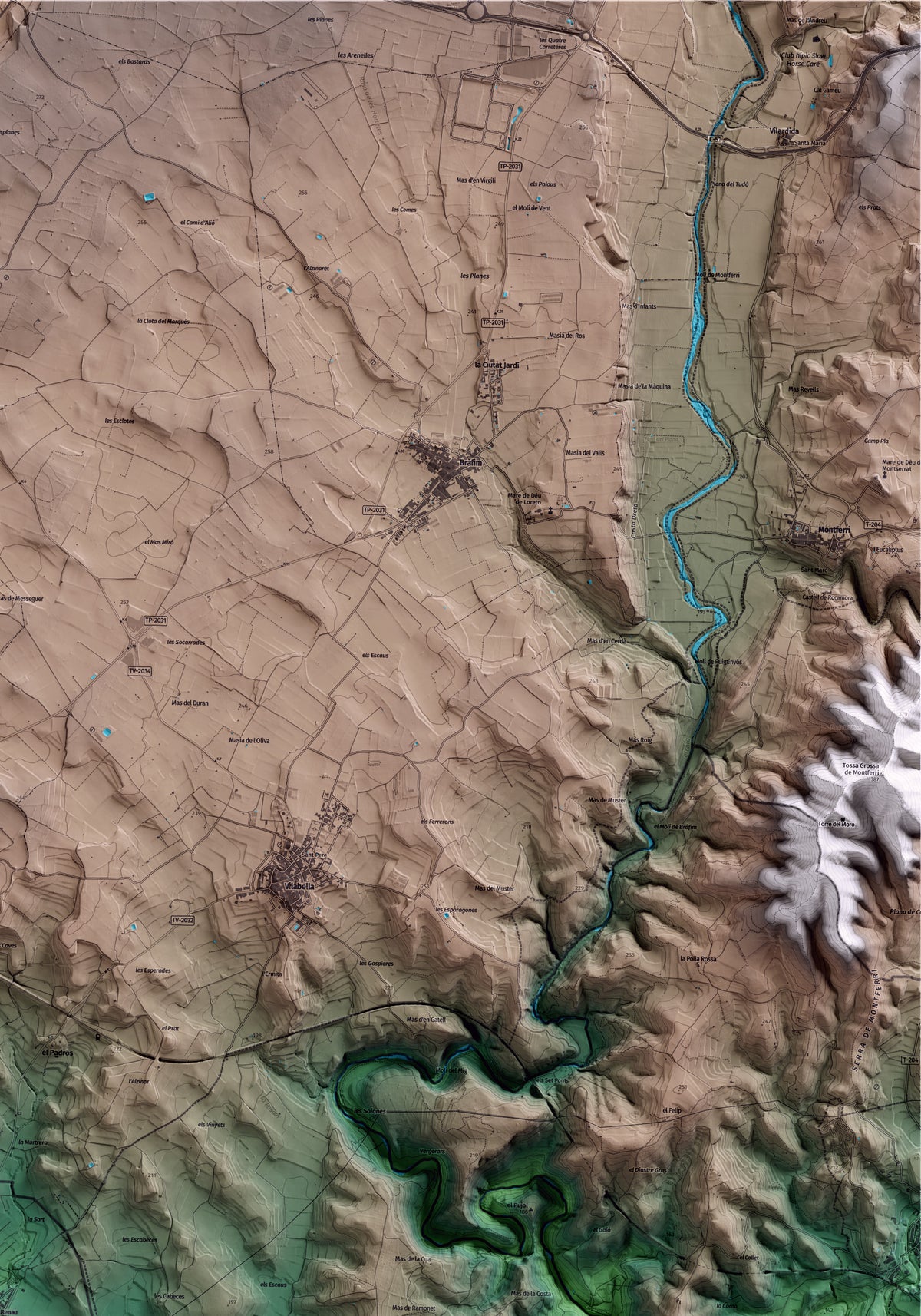 Mapa artístico del relieve de Renau, al Tarragonès, con 15 km de entorno y base topográfica ICGC. Detalle de la zona superior derecha.