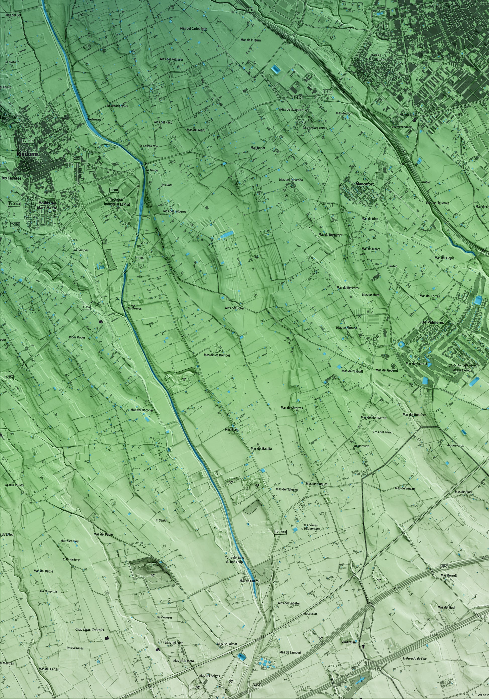 Mapa artístico del relieve de Reus, al Baix Camp, con 15 km de entorno y base topográfica ICGC. Detalle de la zona inferior izquierda.