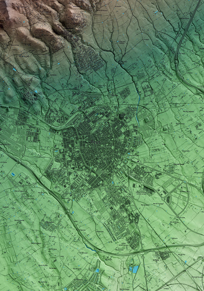 Mapa artístico del relieve de Reus, al Baix Camp, con 15 km de entorno y base topográfica ICGC. Detalle de la zona central.
